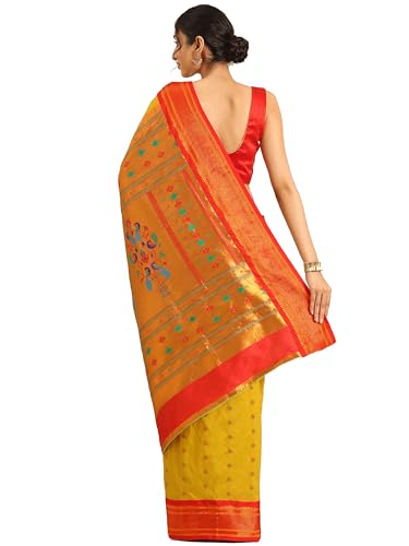Varkala Silk Sarees Muniya Paithani Saree, Silk Blend Traditional Maharashtrian Saree with Copper Zari Border, Peacock Pallu 5.5 Meter and Unstitched Blouse, Beige & Red