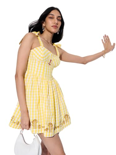 The Souled Store Disney: Bonjour Women and Girls Sleeveless Sweetheart Neckline Yellow Gingham Check Polyester Cotton Blend A-Line Holiday Ready Lightweight Casual Dress