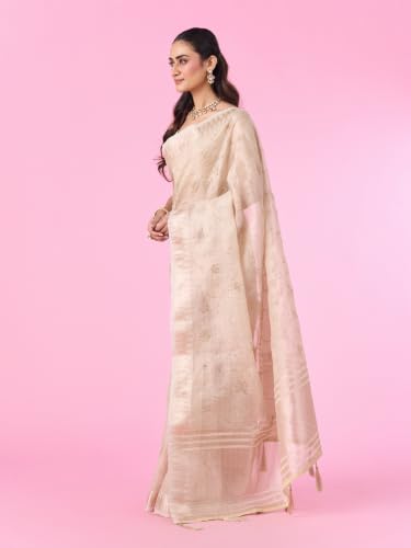 MOHEY Women's Art Silk Stone Work, Woven & Cutdana Work Saree with Blouse Piece (Cream)