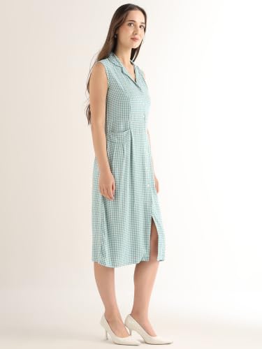 Hancock Women Green & White Gingham Checked Lapel Collar Pure Cotton Shirt Style Midi Dress