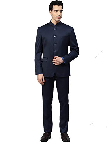 MANQ Men Navy Blue Solid Slim Fit Bandhgala Suit (Size:40)