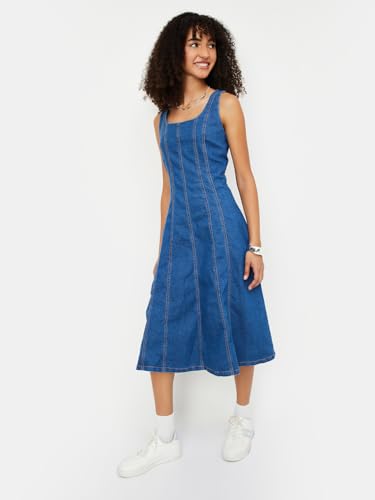 Max Women Panelled Denim Dress(Blue_L)
