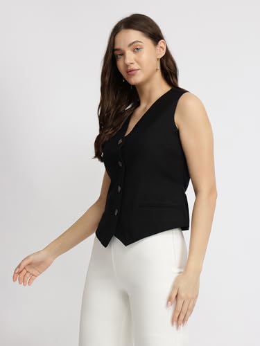 FableStreet Women Formal Waistcoat | Relaxed Fit V-Neck Sleeveless Checked Pattern | Breathable Cotton & Smooth Polyester Lining for Office Meetings & Workwear | Black