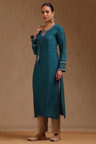 Soch Womens Teal Blue Dola Silk Solid Kurta