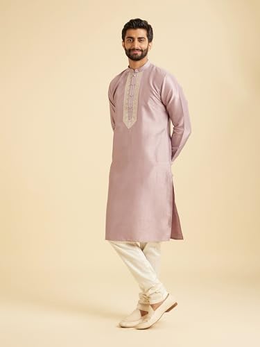 Manyavar Men's Art Silk Neckline Embroidered Solid Kurta Set (Lilac,L)