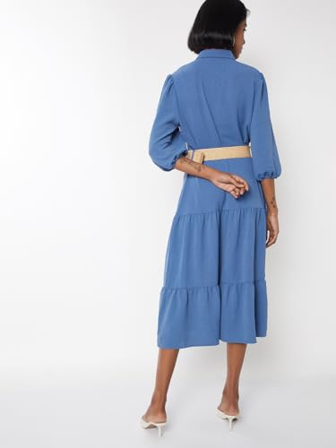 Max Women Textured Tiered Dress with Belt(Blue_L)