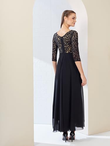 Miss Chase Women'sSelf Design Boat Neck 3/4 Sleeves Side Pocketed Georgette Fit and Flare Maxi Length Dress (MCAW25D85-90-62-06, Black, XL)