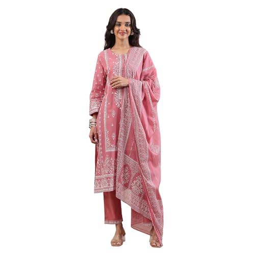 Biba Women Pink Cotton Straight Suit Set_36
