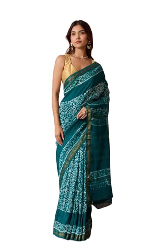 Taneira Women Green Ujjain Pure Silk Cotton Batik Saree with Unstitched Blouse Piece (SAPP01AA4695-Green)