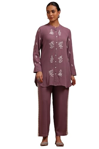 Soch Womens Purple Rayon Crepe Embroidered Co-Ord Set With Thread Work