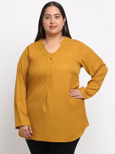 Women Plus Size Mandarin Collar Longline Top (LTP16740-MUSTARD-5XL)