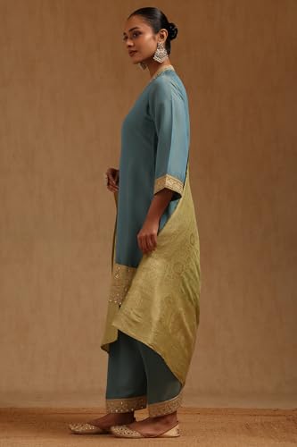 Soch Womens Turquoise Blue Silk Shimmer Solid Suit Set With Mirror Work