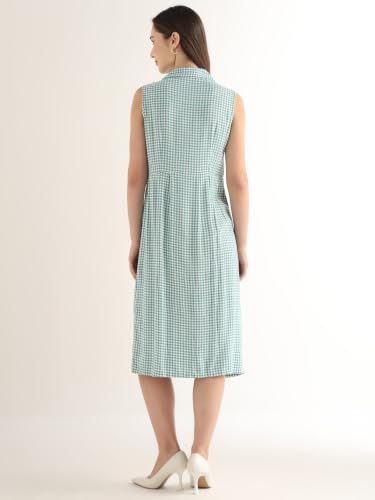 Hancock Women Green & White Gingham Checked Lapel Collar Pure Cotton Shirt Style Midi Dress