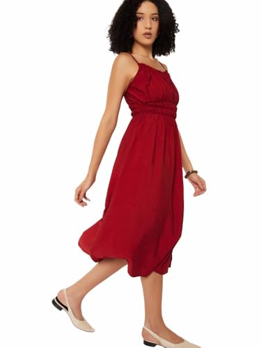 Max Women Solid A-line Midi Dress (Red_XL)