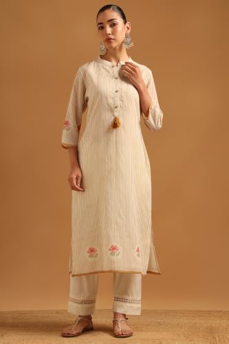 Soch Womens Mustard Linen Printed Stripes Hand Embroidery Salwar Suit