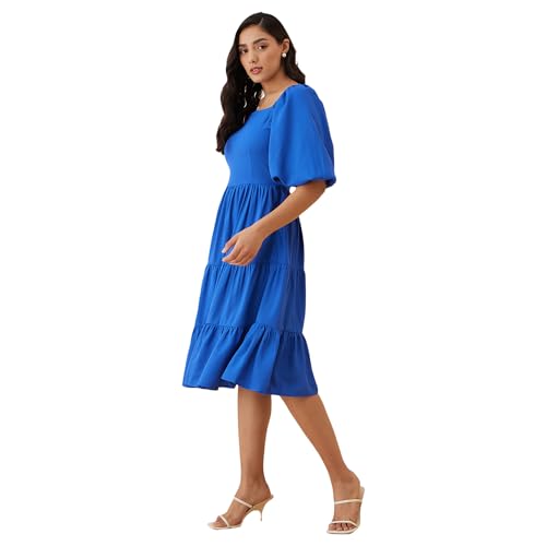 Rare Women Casual Blue Colour Midi Solid Dress (EP7532E_Blue_S)