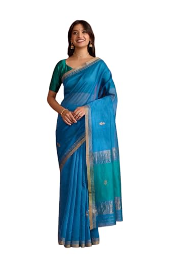 Taneira Women Dark Blue Pure Silk Cotton Chanderi Woven Saree with Unstitched Blouse Piece (SAPH03AA7685-Dark Blue)