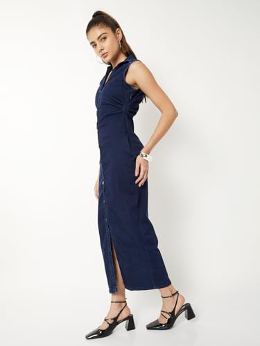 Max Women Ruched Denim Shirt Dress (Blue_M)