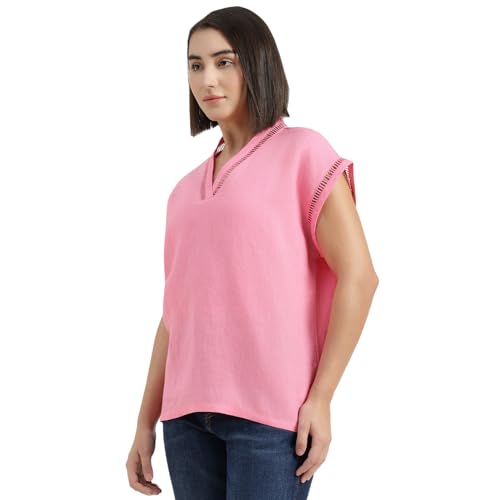 United Colors of Benetton Regular Fit V-Neck Self Design Top (Size : 2XL) - 26P5WVNTP301ILF3 Pink