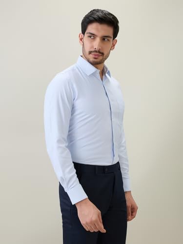 Raymond Men Contemporary Fit Structure Pattern Bamboo Polyester Blend Semi Cutaway Collar Full Sleeve Formal Shirt Blue