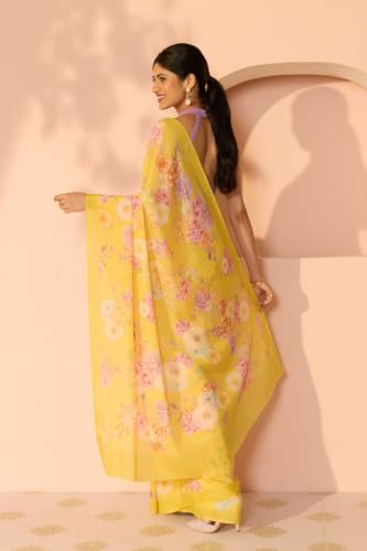 Taneira Light Yellow Printed Viscose Crepe SareeWith Unstitched Blouse(SAPP01AD4784-Light Yellow)