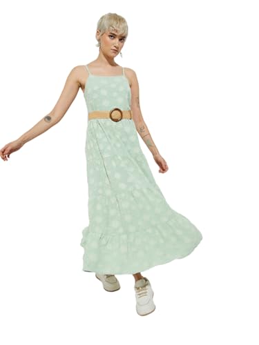 Max Alaya F x URB_N Women Textured Tiered Maxi Dress with Belt(Green_L)