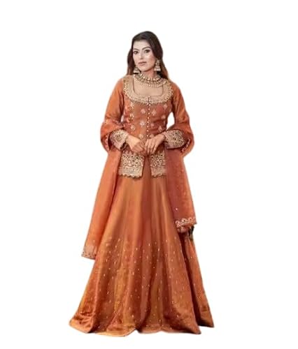 TILKI FASHION Kurti With lehenga And Dupatta Set Bollywood Style Embroidery lehenga Choli Set For Woman (CHINGARI ORANGE, Large)