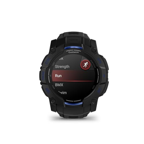 Garmin Instinct® 3 – 50 mm, AMOLED Display, Rugged Outdoor GPS Smartwatch, Built-in Flashlight, Supernova Collection Limited Edition Color, Black with Black/Bolt Blue Silicone Band