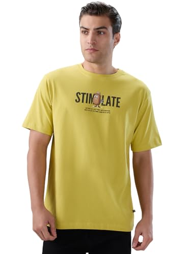 Status Quo Men's Oversized Round Neck Half Sleeves T-Shirt with Back Typography Print | 100% Cotton | Lime | S