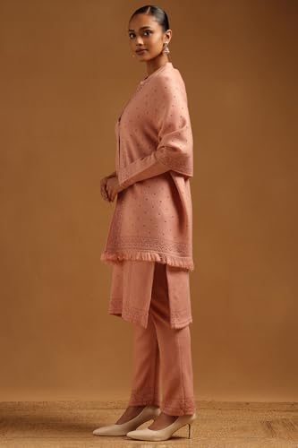 Soch Womens Peach Acrylic Floral Embroidered Winter Salwar Suit With Pearls