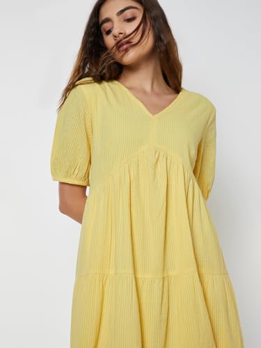 Max Women Striped Tiered Dress (Yellow_XS)