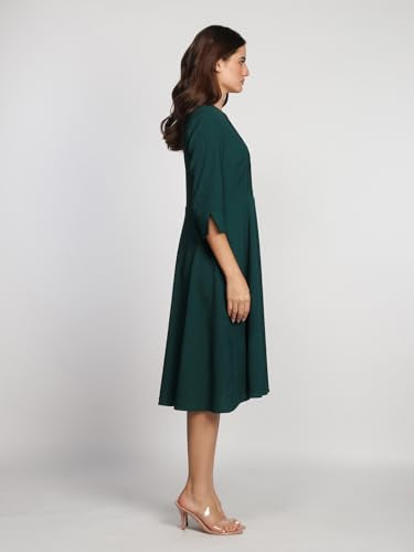 Zink London Women's Dark Green Solid A-Line Midi Dress