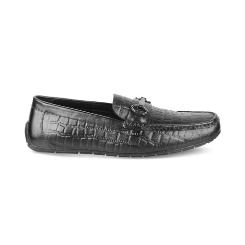 tresmode MILUCK Men's Driving Loafers Leather Shoes Black, 7 UK / 41 EU - Round Toe TPR Sole Casual Footwear Penny Soft - Light Weight, Comfortable and Long Life