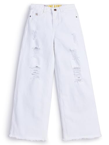 Knit N Knot Girl's Kids Premium White Wide Leg Flared Fit Relaxed Loose Torn Ruptured High Waist Frayed Bottom Jeans | Regular Casual Festival Occassional Wear | Non Stretch | Adjustable Waist