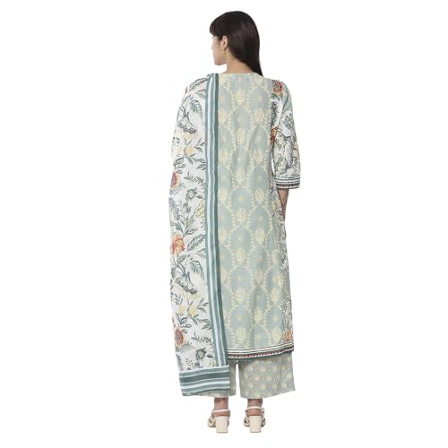 BIBA Women Sage Green Pure Cotton Floral Kalidar Suit Set_44