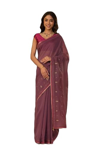Taneira Purple Pure Silk Cotton Embroidered SareeWith Unstitched Blouse(SAARLCPSC0101-Purple)