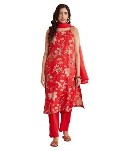 BIBA Viscose Blend Printed Straight Semi-Formal Kurta With Palazzo And Dupatta