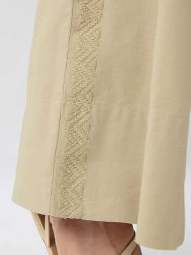 The Souled Store Cotton Linen Pants: Sienna Women and Girls Beige Embroidered Lightweight Casual Wide Leg Fit Cotton Linen Pants