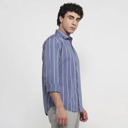 Park Avenue Men Slim Fit Stripe Pattern Pure Cotton Short Collar Full Sleeve Round Hem Casual Shirt Dark Blue