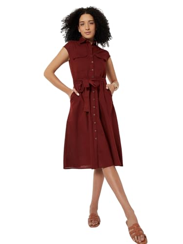 Max Women Solid Shirt Dress with Belt(Maroon_XS)