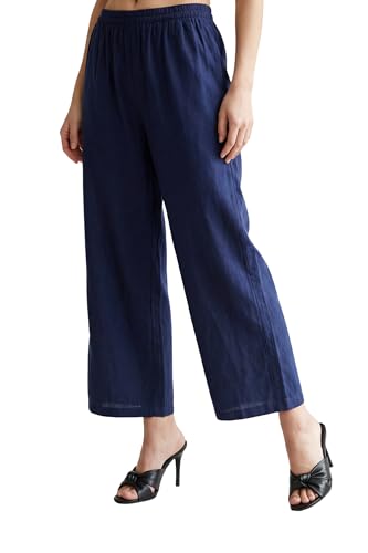 W for Woman Navy Blue Cotton Flax Ankle Length Relaxed Pants - (W63420-224745-S)