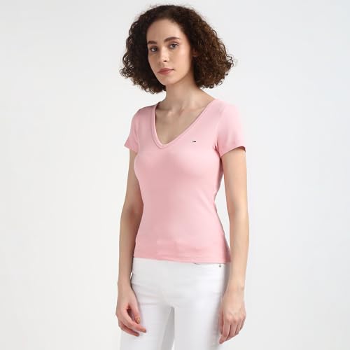 Tommy Hilfiger Pink Textured V-Neck Half Sleeve T-Shirt