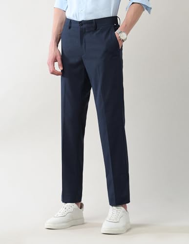 Arrow New York Men's Mid Rise Regular Fit Autoflex Trousers Navy