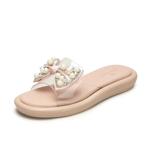 Marc Loire Women Smart Casual Bow Embellished Slip-On Flats Chappals | Open Toe Cute Fashion Sandals with Comfortable Sole (Nude, UK Footwear Size System, Adult, Women, Numeric, Medium, 7)