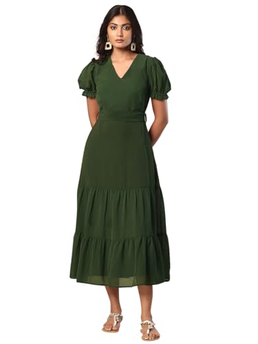 FabAlley Women's Chiffon Olive Green V-Neck Midi Dress with Tie Up Belt (DRS06375