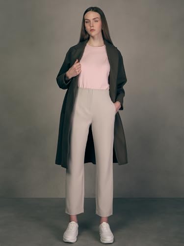 VERO MODA Women's Straight Fit High-Rise Beige Pants