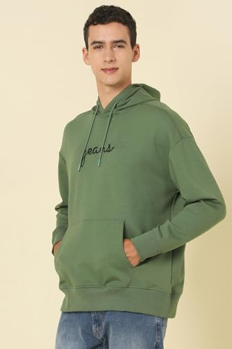 Men Olive Hooded Neck Full Sleeves Casual Sweatshirt