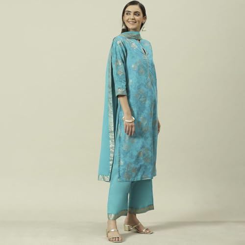 BIBA Women Cotton Straight Printed Suit Set(SKDSKD8043E_3XL_Turquoise)