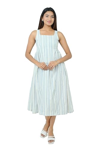 WE WORTH Women’s Striped Sleeveless Midi Dress | Square Neck Fit & Flare Casual Summer Dress for Girls (in, Alpha, M) White