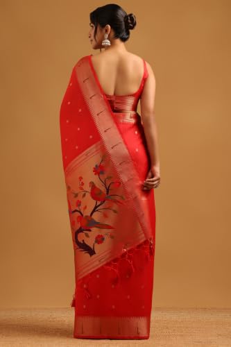 Soch Womens Red Tussar Woven Design Zari Woven Bird Motifs Saree